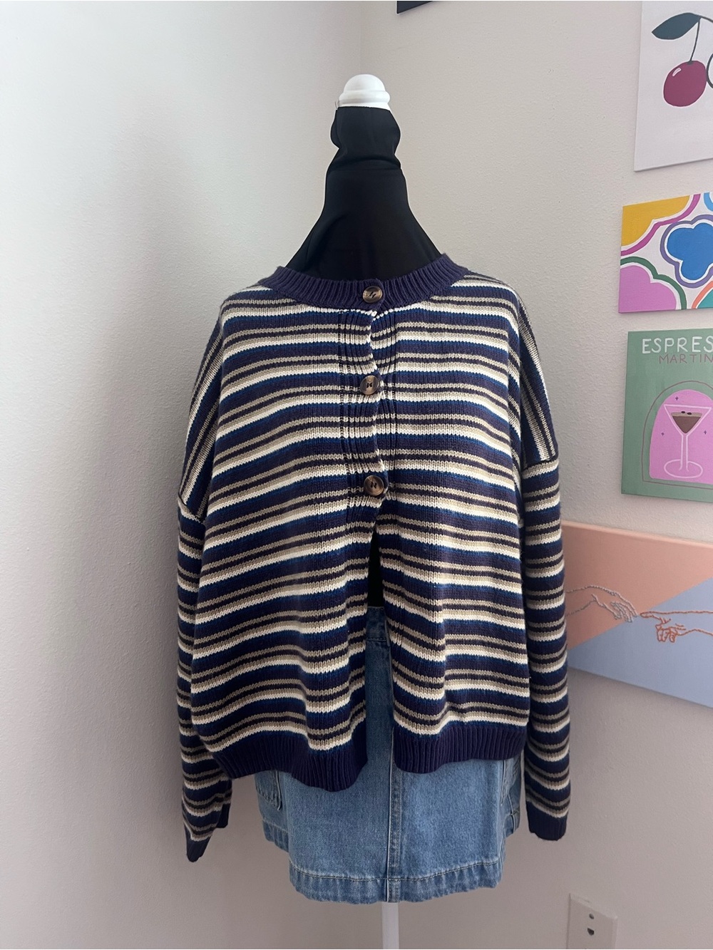Striped Knit Cardigan Sweater Oversized Grunge Coastal Grandma Size Large